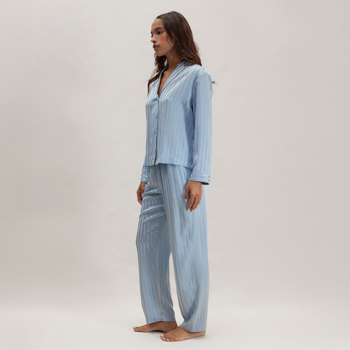 Washable Silk Striped Jacquard Long Sleeve Pant Set