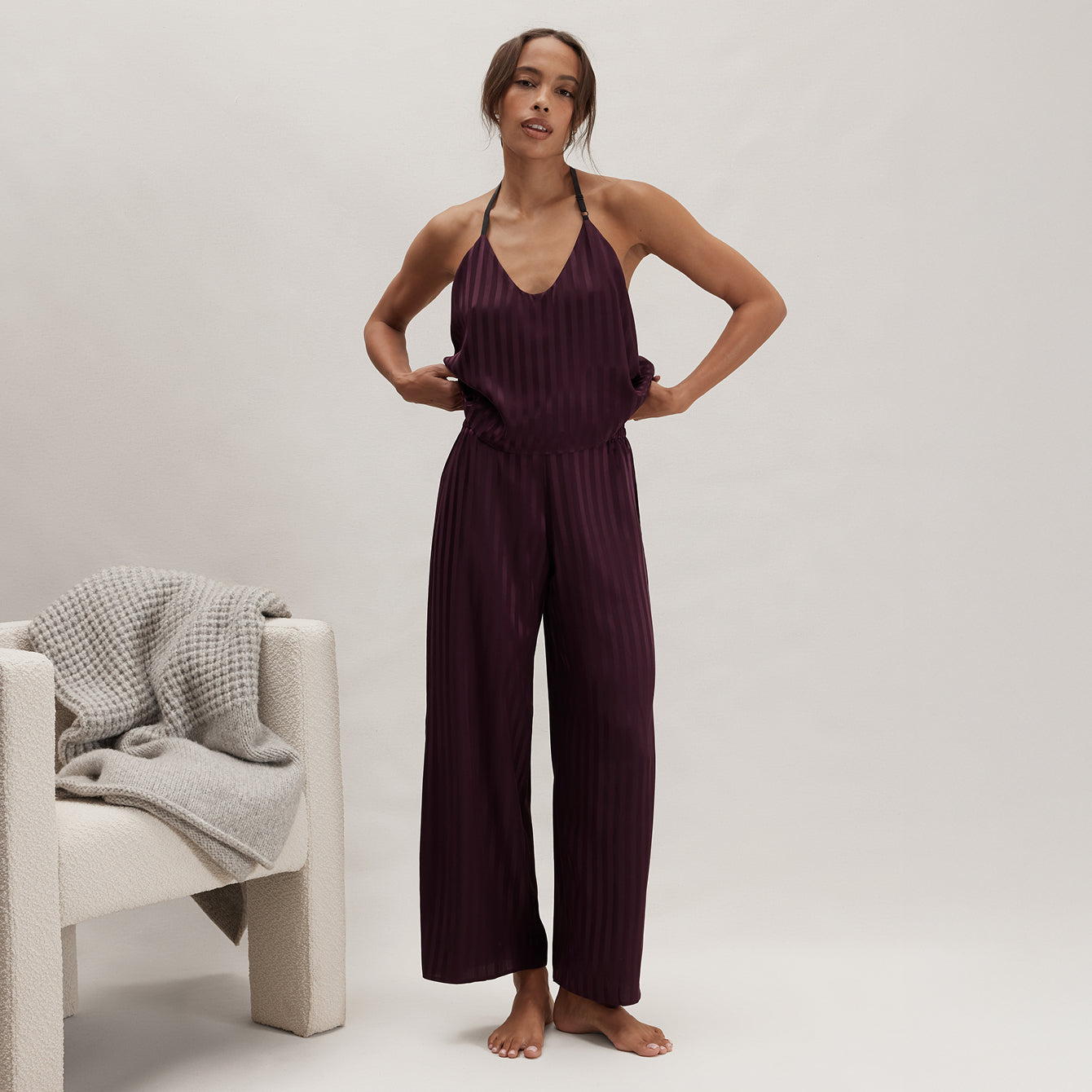 Washable Silk Striped Jacquard Cami Pant Set