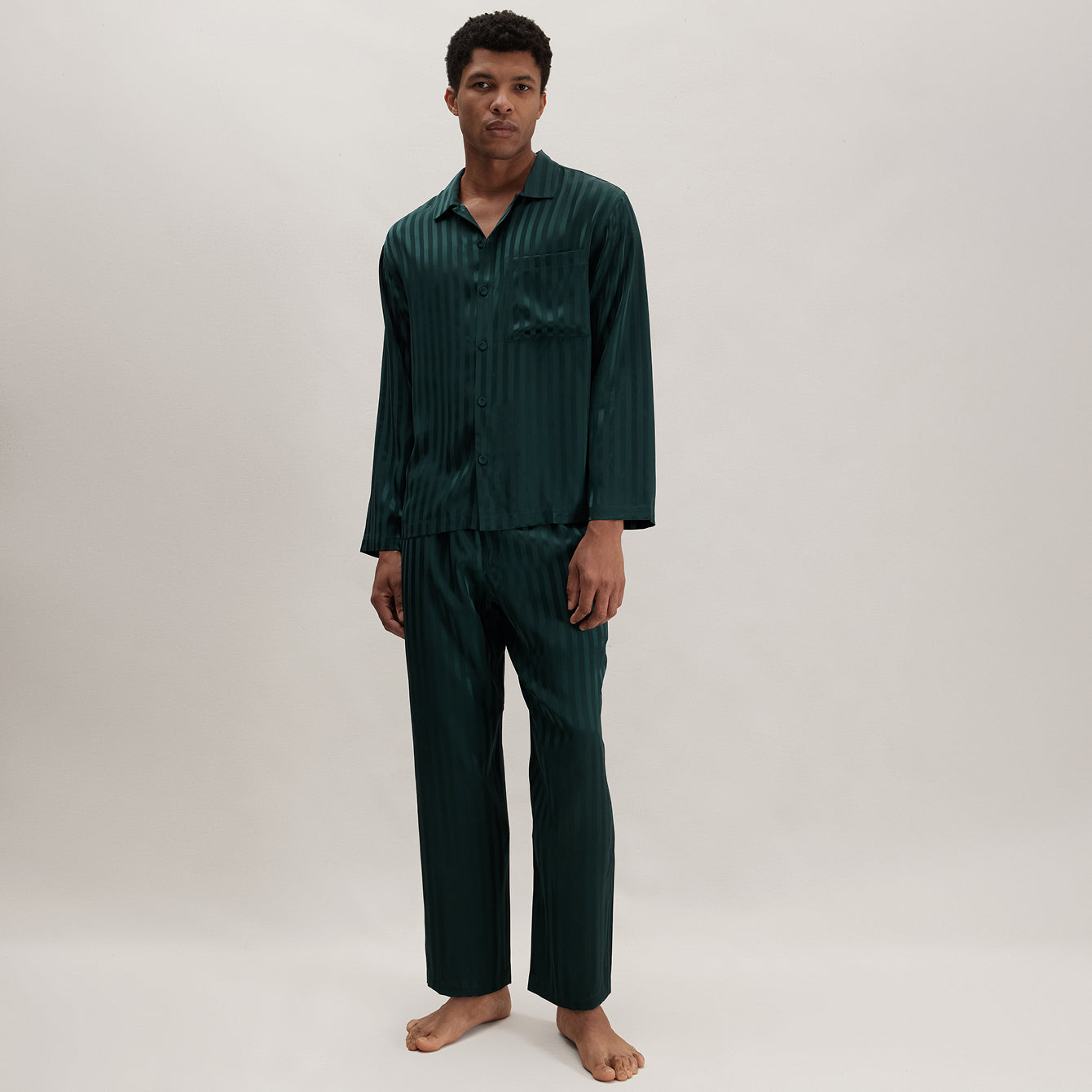 Men's Washable Silk Striped Jacquard Button Up Set