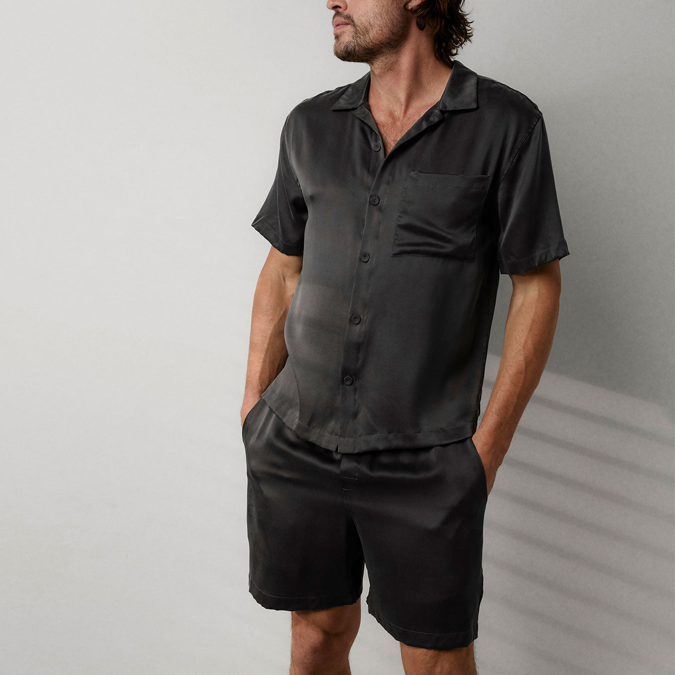 Men's Washable Silk Button Up Short Set
