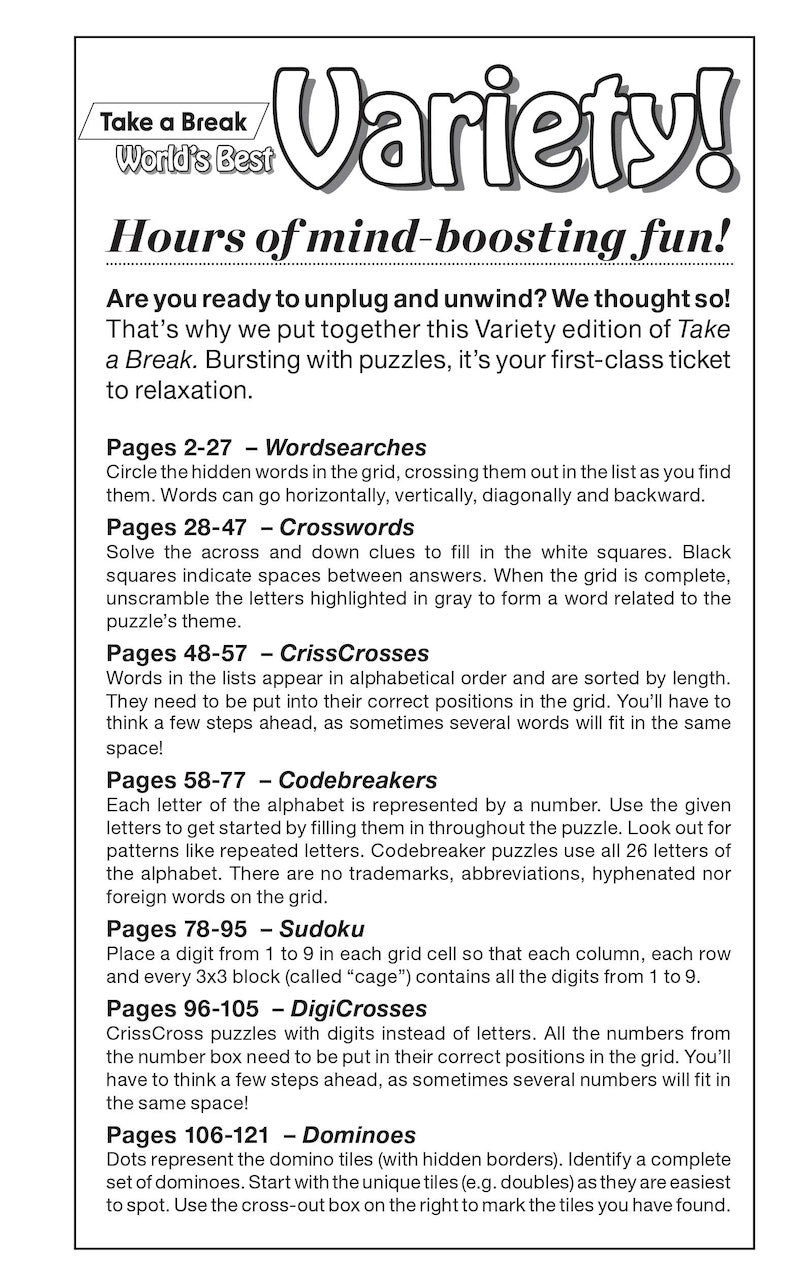 Variety Puzzles - Large Print Vol. 5 Issue 7: 100+ Activity Pages, Sudoku, CrissCross, Dominoes, Crossword, Codebreakers, Wordsearch, DigiCross, All Ages, Unwind, De-Stress, Unplug, Self-Care & Solve!