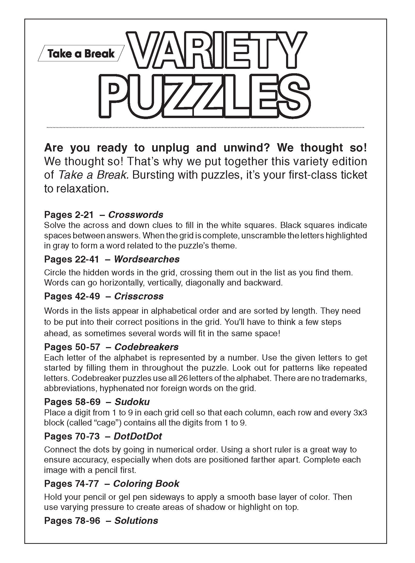 Variety Puzzles Large Print - Vo. 1 / Issue 2: Unplug and Unwind! Adult Activity Book: Easy and Fun with over 100+ Puzzles!