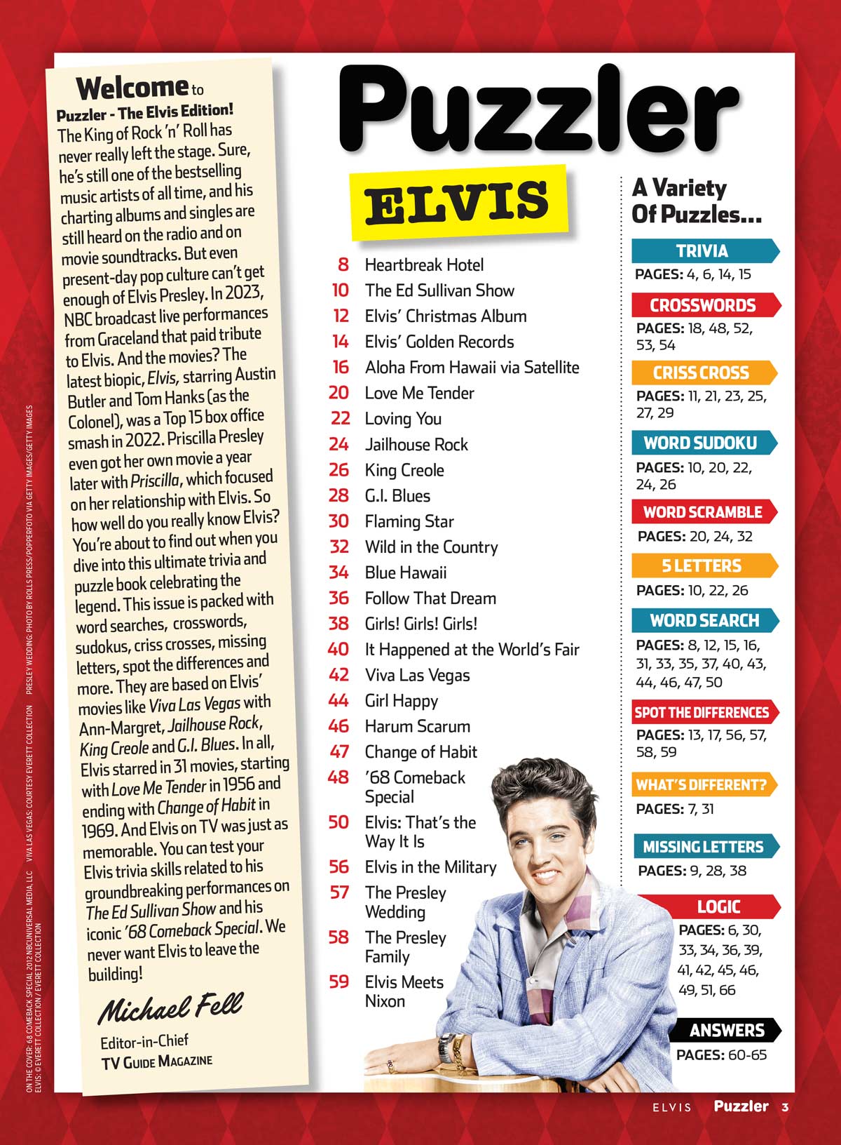 TV Guide - Elvis Puzzler: His Movies & Music, Criss Cross, Word Sudoku, Missing Letters, Spot The Differences, Scrambles, Trivia, Crossword, Word Searches, Mix & Match Song Titles, Logic & More!