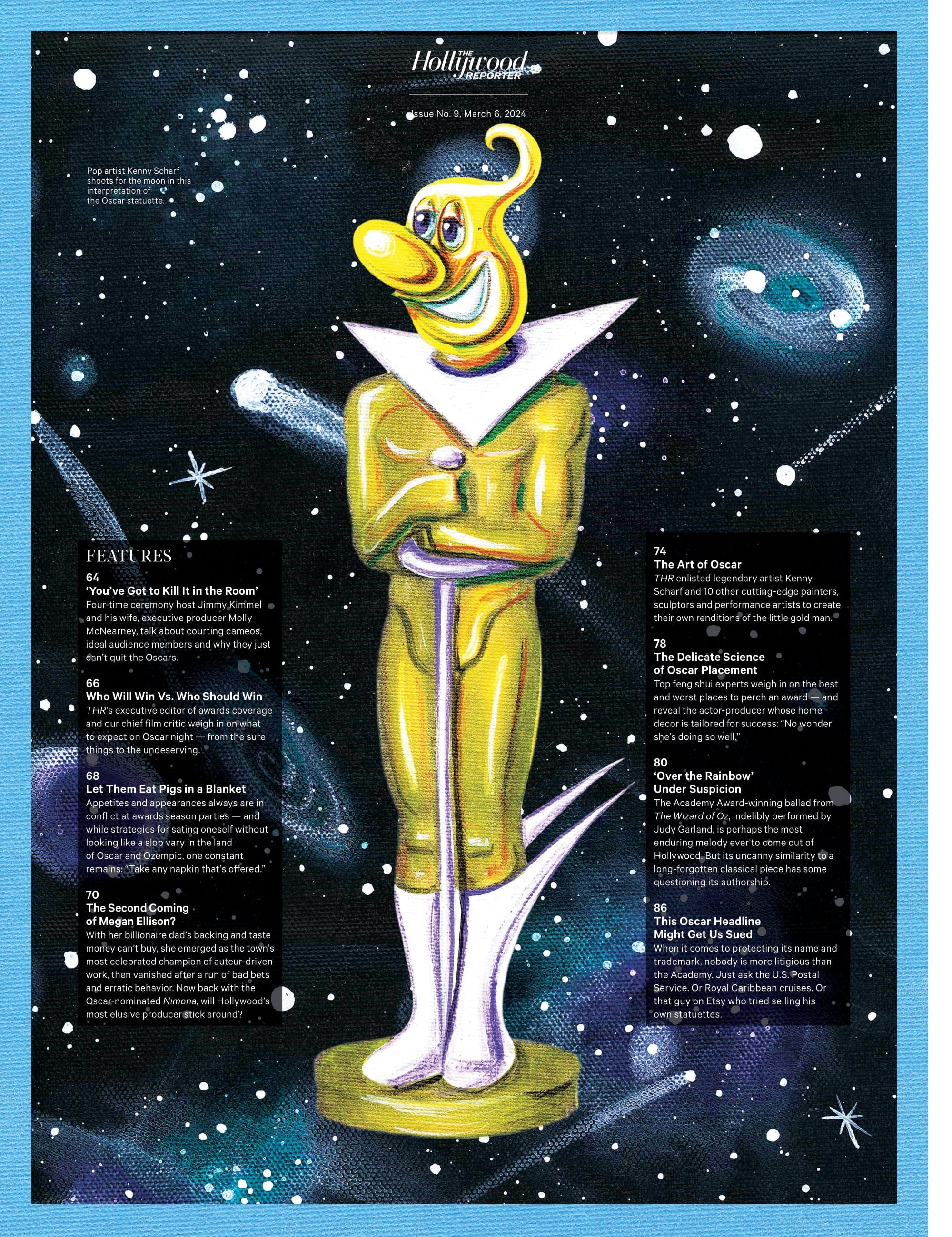 The Hollywood Reporter - 24.03.06 Edition: The Oscar Issue Supersized For 2024, Second Coming Of Megan Ellison, Why Jimmy Kimmel Misses Donald Trump, Kenny Scharf + 10 Artists Redesign Gold Man & More