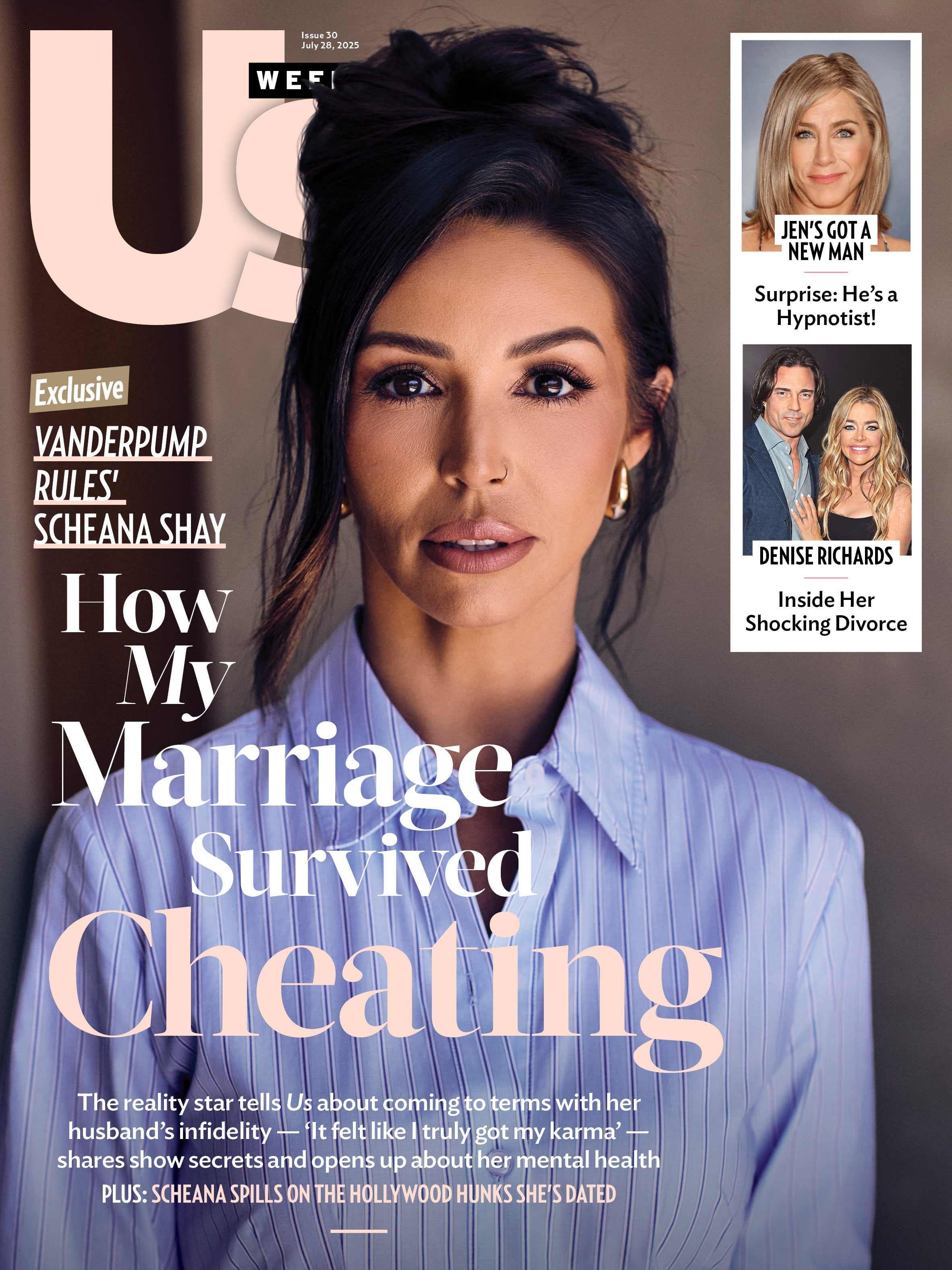 Us Weekly - 07.28.25: Jennifer Aniston’s New Romance With Hypnotist Jim Curtis, Scheana Shay’s Marriage Infidelity Struggles, Denise Richard's Shocking Divorce & More!