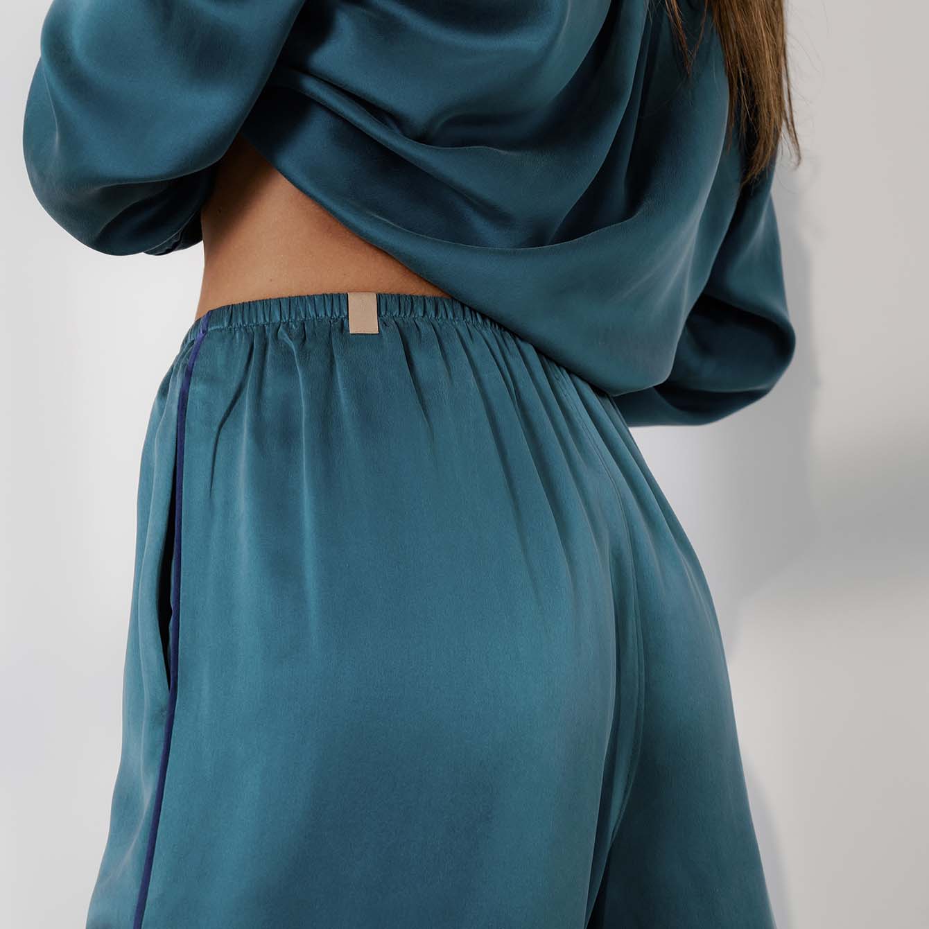 Washable Silk Piped Long Sleeve Pant Set