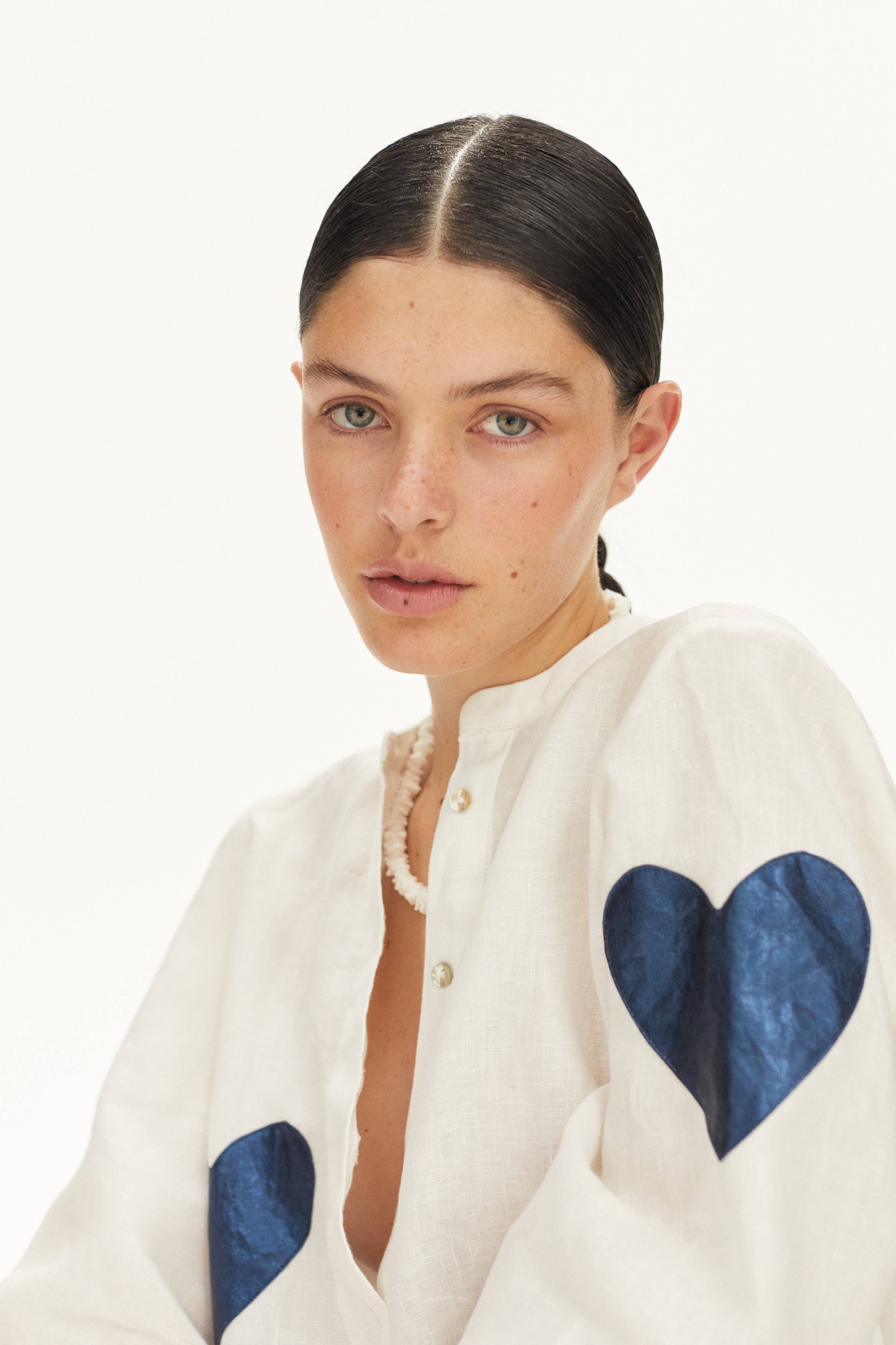 Cupid Linen Shirt - Off-white with Metallic Dark Blue Hearts
