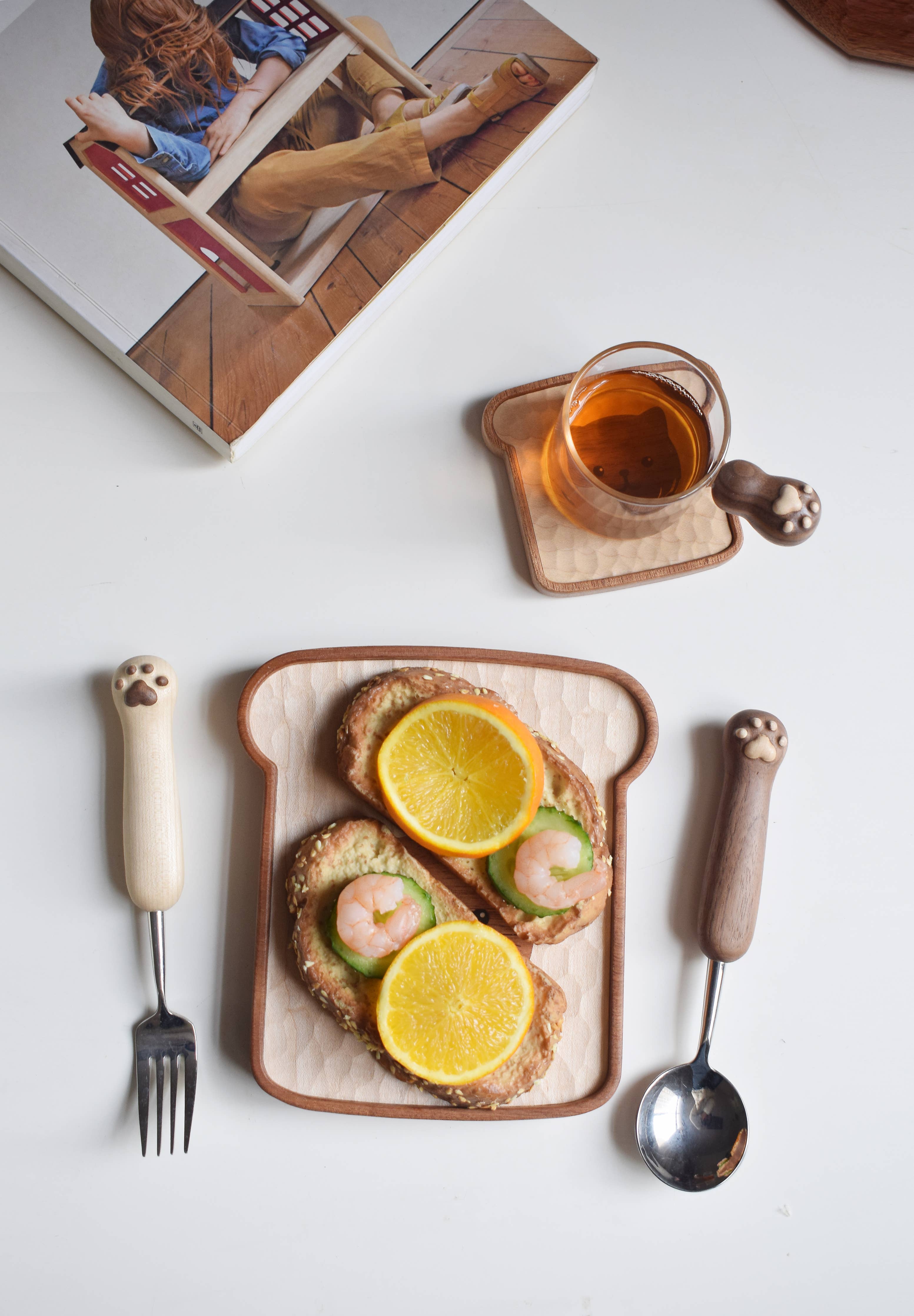 Toast Cat hand-carved wooden plate and coaster