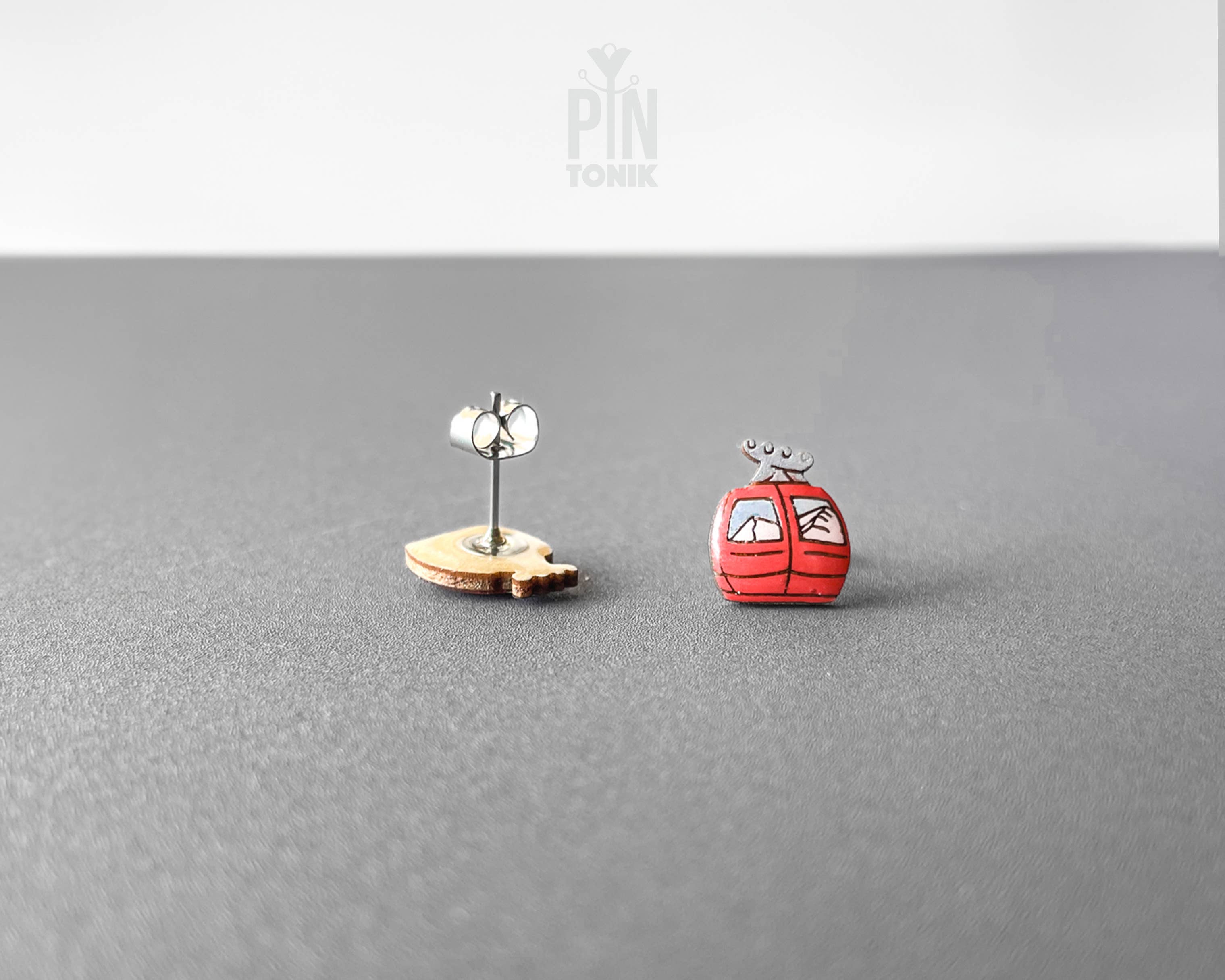 Ski Gondola Stud Earrings - Fun Apres Ski Wood Earrings