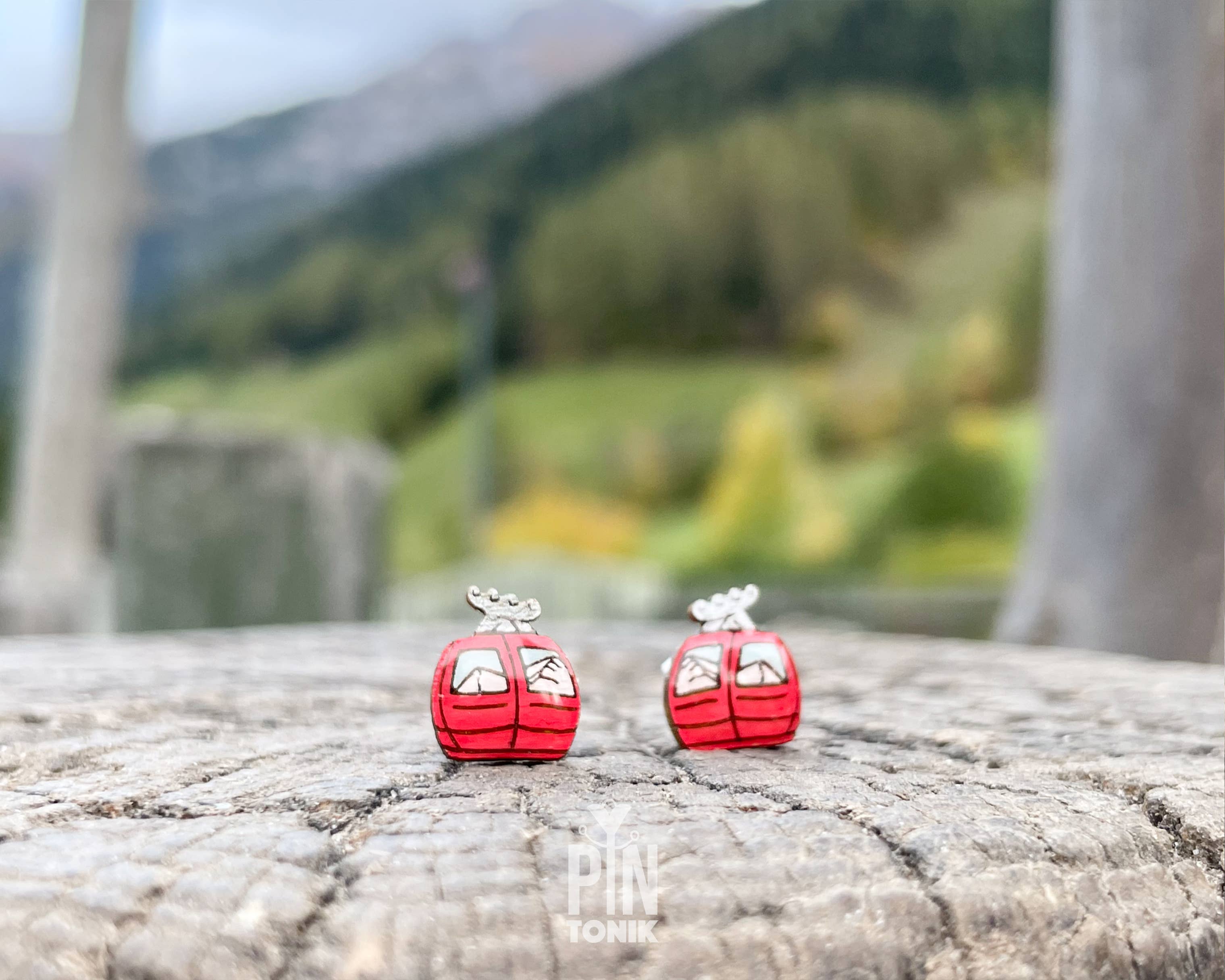 Ski Gondola Stud Earrings - Fun Apres Ski Wood Earrings
