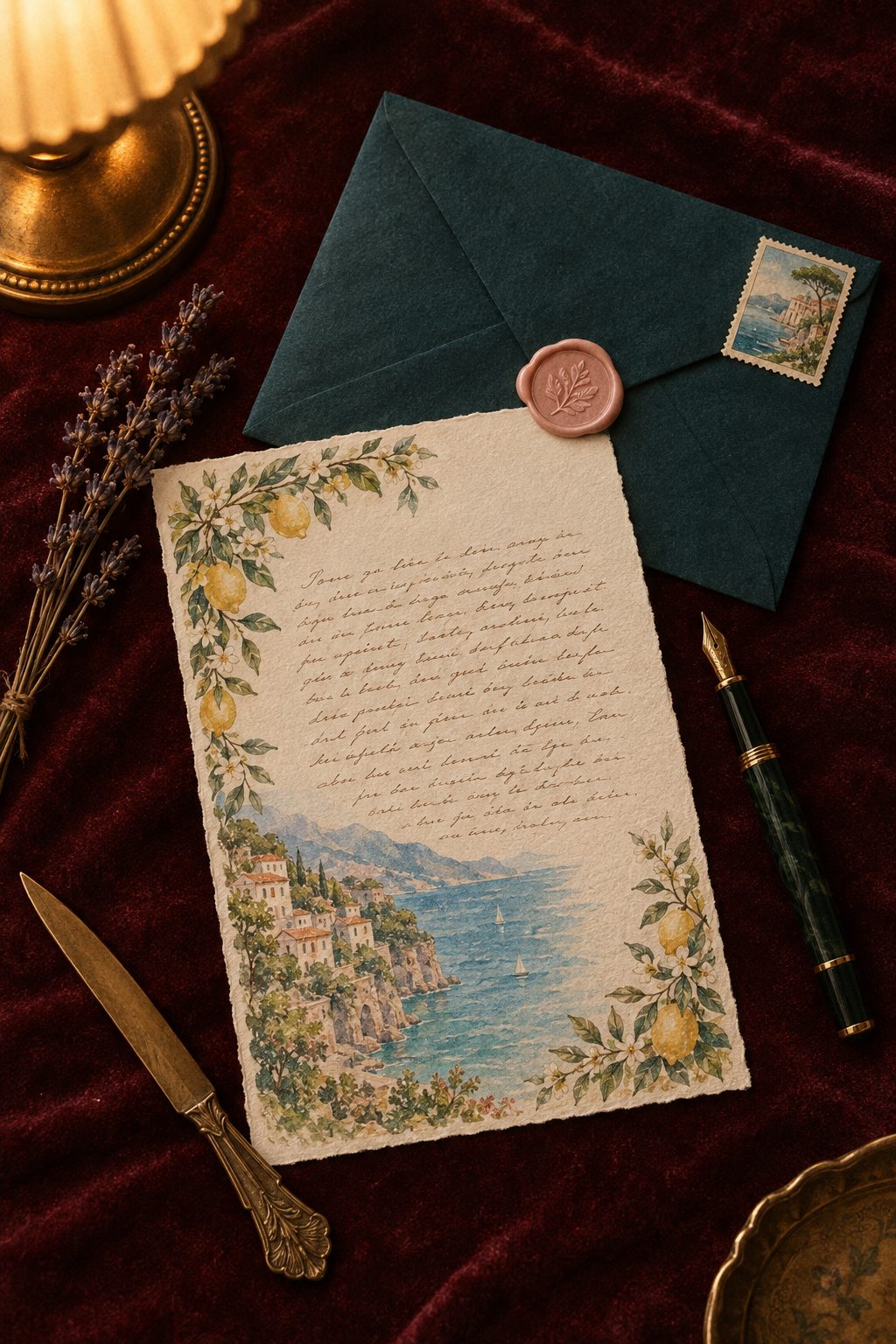 An illustrated letter beside a teal envelope sealed with blush pink wax