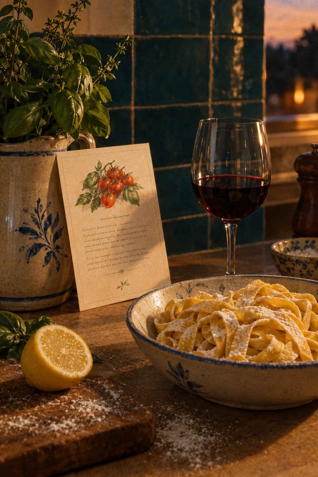 An illustrated recipe card beside fresh pasta and red wine